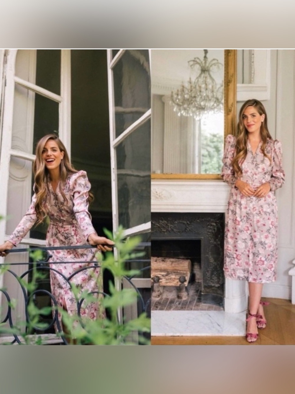Gal Meets Glam Carla Tan Floral Long-Sleeve Midi Dress